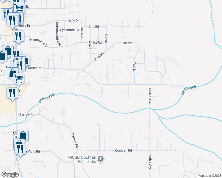 map of restaurants, bars, coffee shops, grocery stores, and more near 2180 Sutter Road in McKinleyville