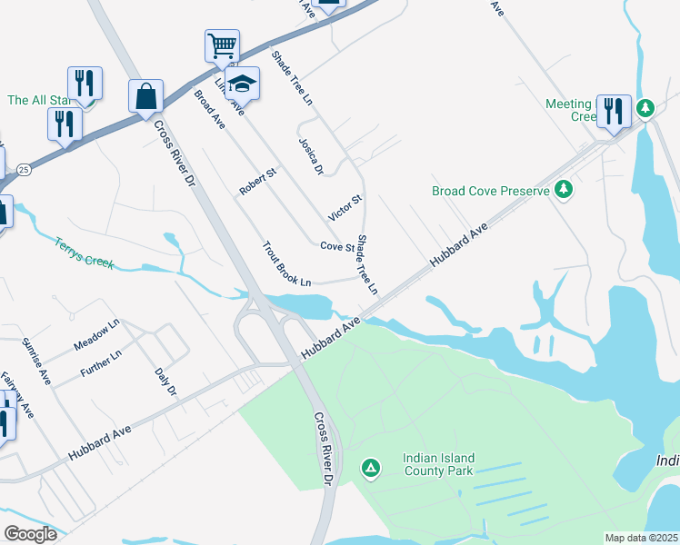map of restaurants, bars, coffee shops, grocery stores, and more near 24 Trout Brook Lane in Aquebogue