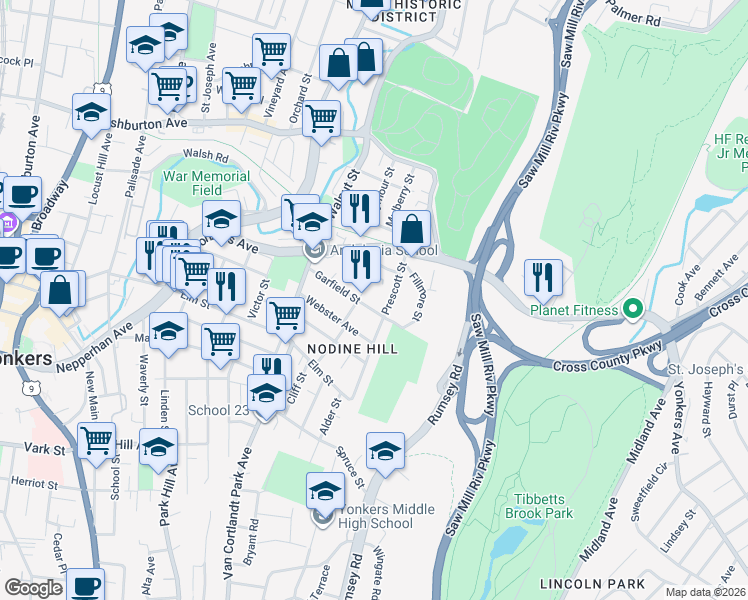 map of restaurants, bars, coffee shops, grocery stores, and more near 59 Garfield Street in Yonkers