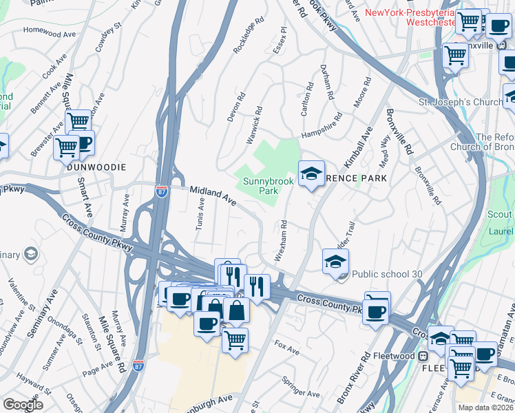 map of restaurants, bars, coffee shops, grocery stores, and more near 1133 Midland Avenue in Bronxville