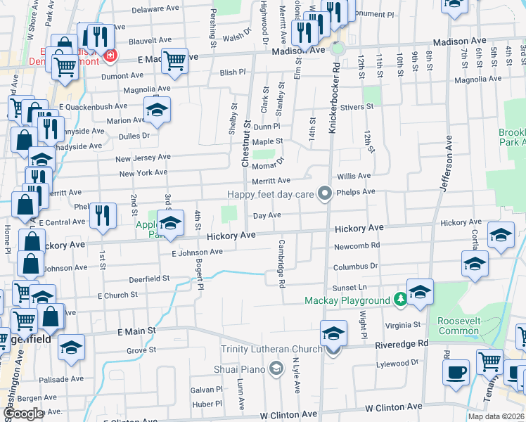 map of restaurants, bars, coffee shops, grocery stores, and more near 38 Day Avenue in Bergenfield