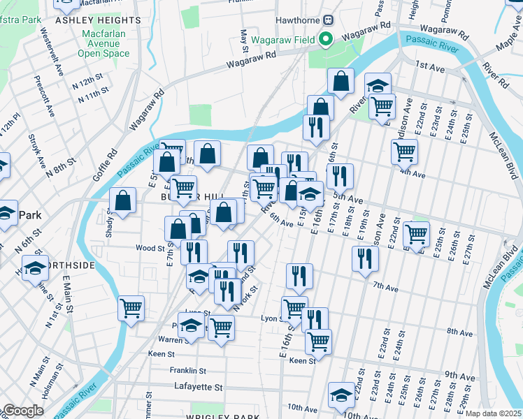 map of restaurants, bars, coffee shops, grocery stores, and more near 199 6th Avenue in Paterson