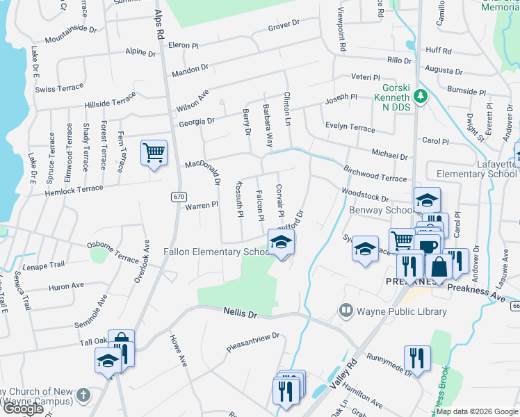 map of restaurants, bars, coffee shops, grocery stores, and more near 11 Corvair Place in Wayne