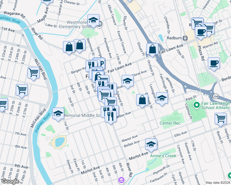 map of restaurants, bars, coffee shops, grocery stores, and more near 12-70 Edward Street in Fair Lawn
