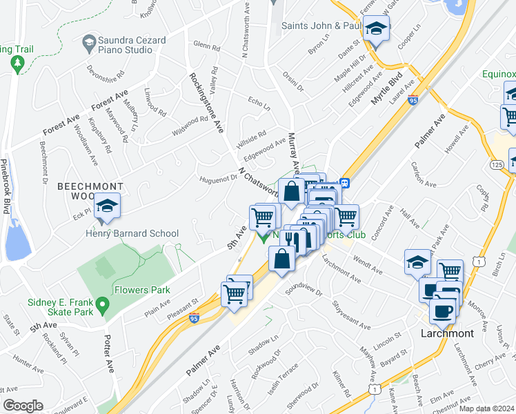 map of restaurants, bars, coffee shops, grocery stores, and more near 35 North Chatsworth Avenue in Larchmont