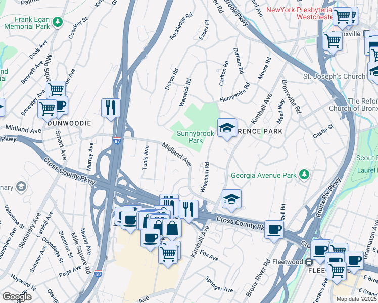 map of restaurants, bars, coffee shops, grocery stores, and more near 69 Wrexham Road in Yonkers