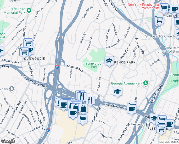 map of restaurants, bars, coffee shops, grocery stores, and more near in Yonkers