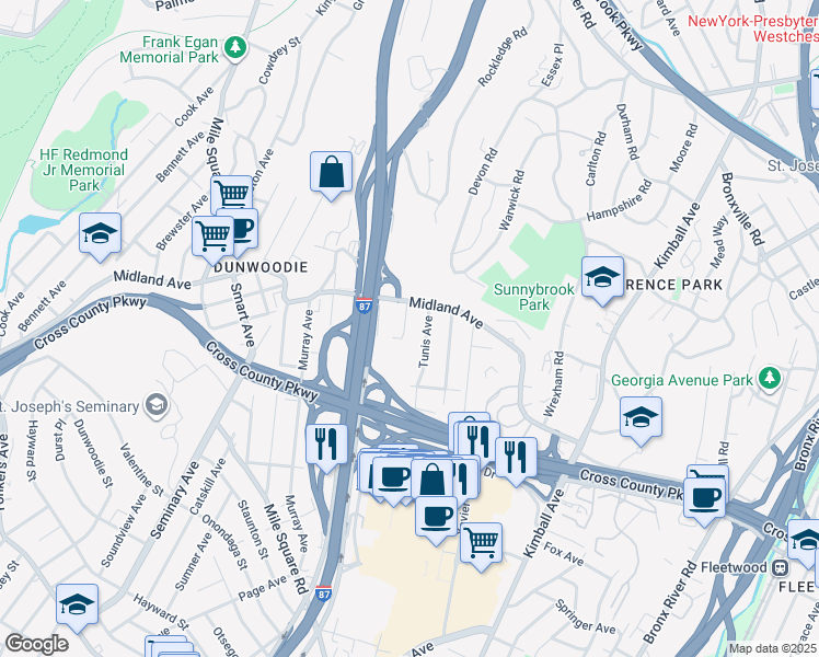 map of restaurants, bars, coffee shops, grocery stores, and more near 60 Tunis Avenue in Yonkers