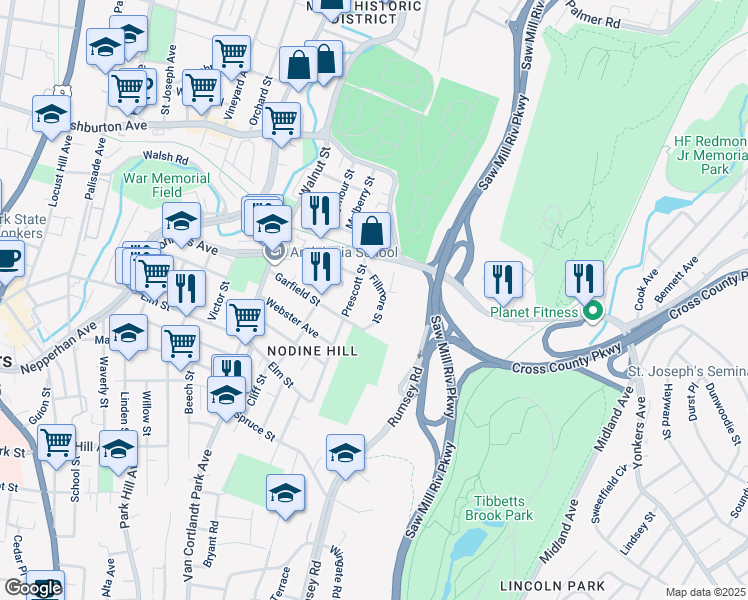 map of restaurants, bars, coffee shops, grocery stores, and more near 368 Prescott Street in Yonkers