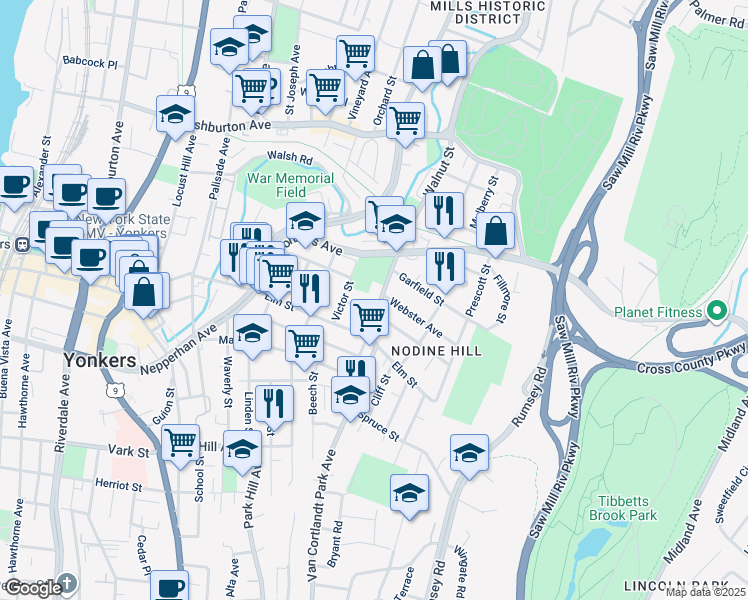 map of restaurants, bars, coffee shops, grocery stores, and more near 336 Walnut Street in Yonkers
