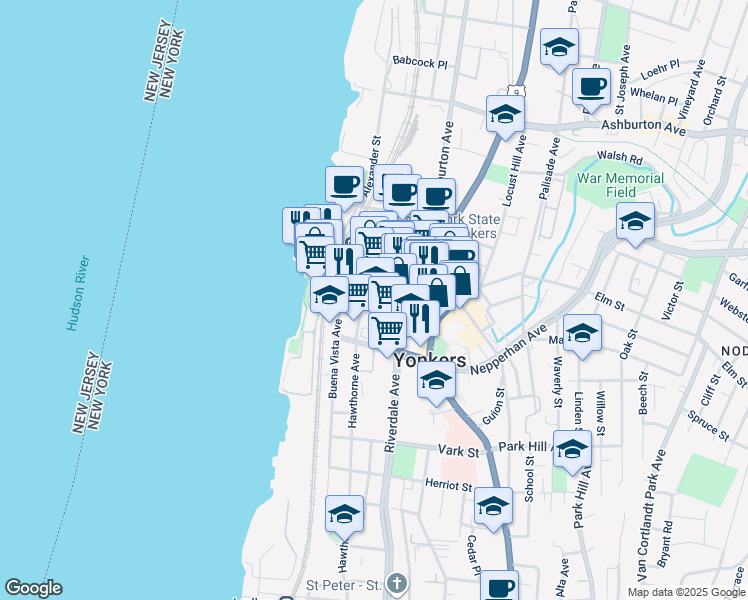 map of restaurants, bars, coffee shops, grocery stores, and more near 7 Hawthorne Avenue in Yonkers