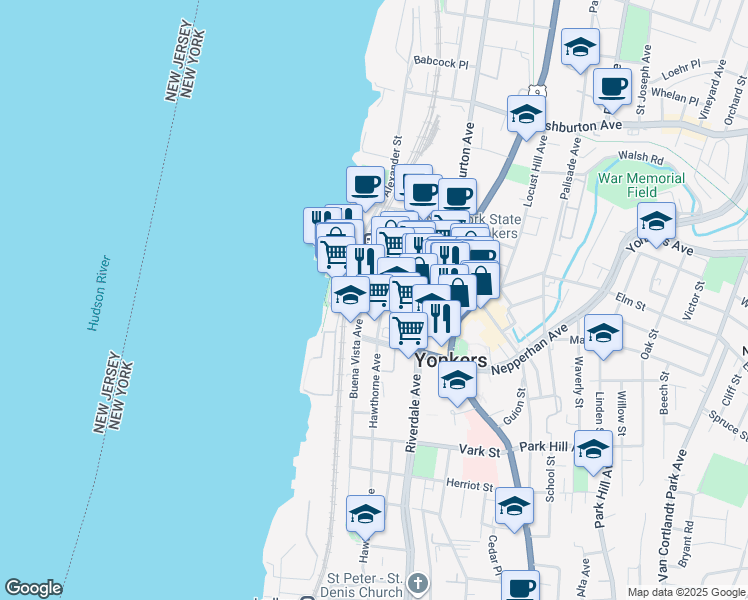 map of restaurants, bars, coffee shops, grocery stores, and more near 7 Hawthorne Avenue in Yonkers