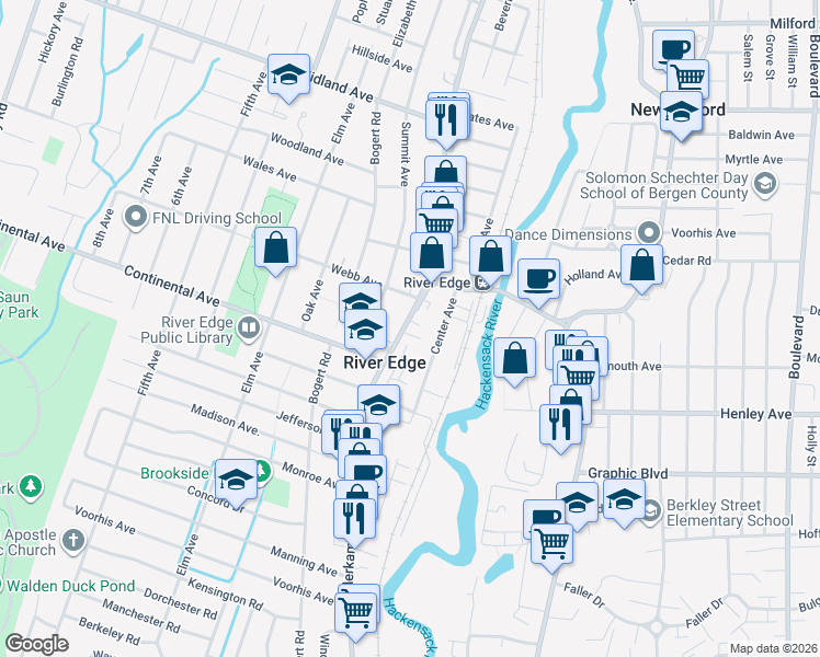 map of restaurants, bars, coffee shops, grocery stores, and more near in River Edge