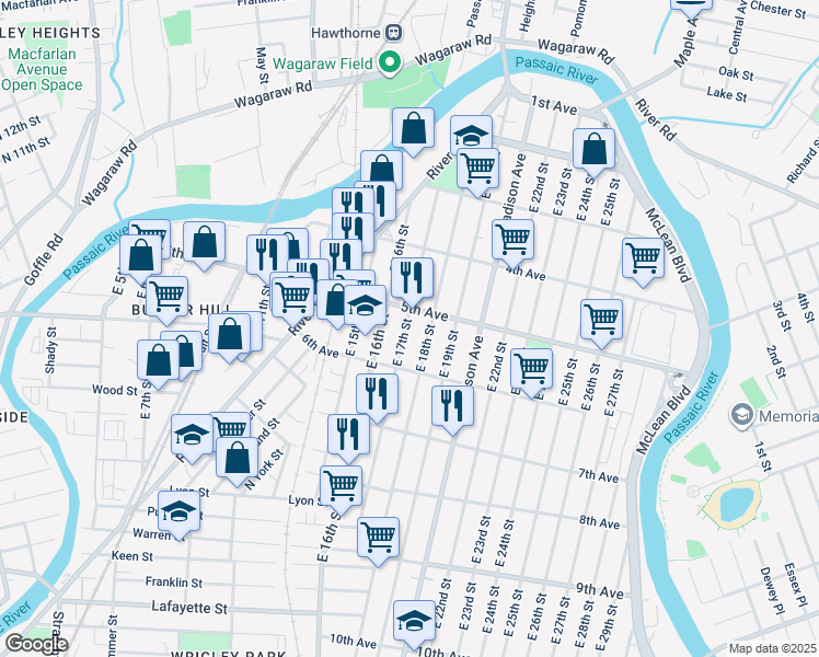 map of restaurants, bars, coffee shops, grocery stores, and more near 162 East 17th Street in Paterson