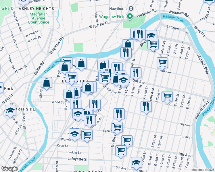 map of restaurants, bars, coffee shops, grocery stores, and more near 236 6th Avenue in Paterson