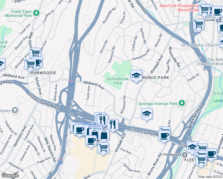 map of restaurants, bars, coffee shops, grocery stores, and more near in Yonkers