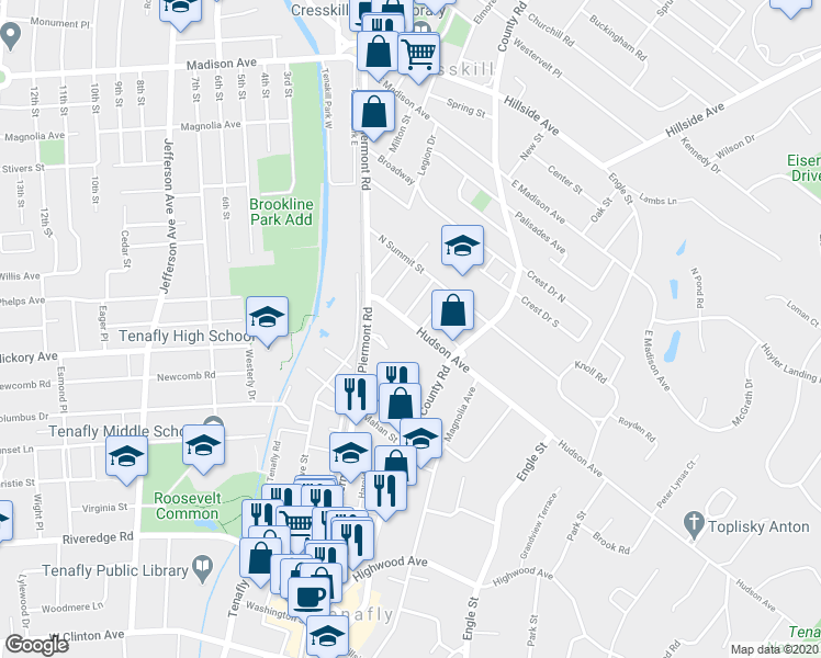 map of restaurants, bars, coffee shops, grocery stores, and more near 64 Hudson Avenue in Tenafly