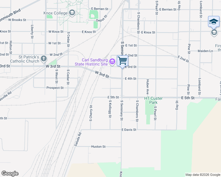 map of restaurants, bars, coffee shops, grocery stores, and more near 301 East Prospect Street in Galesburg