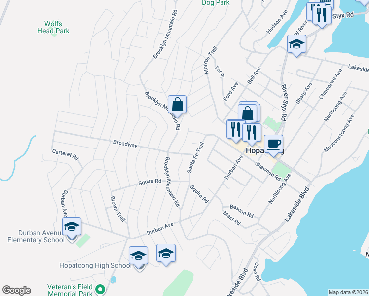 map of restaurants, bars, coffee shops, grocery stores, and more near 5 Broadway in Hopatcong