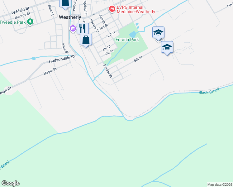 map of restaurants, bars, coffee shops, grocery stores, and more near 802 Packer Street in Weatherly