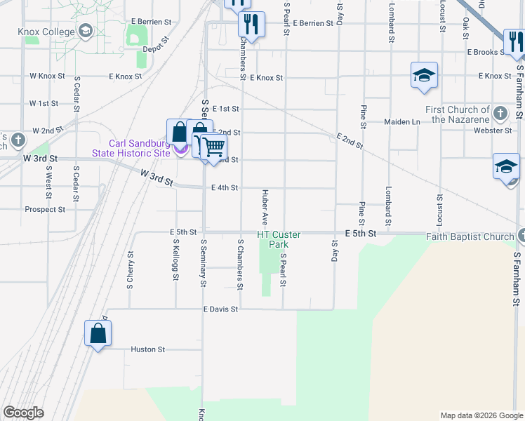 map of restaurants, bars, coffee shops, grocery stores, and more near 1110 Huber Avenue in Galesburg