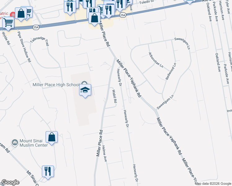map of restaurants, bars, coffee shops, grocery stores, and more near 9 Wabil Road in Miller Place