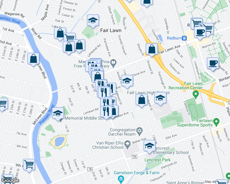 map of restaurants, bars, coffee shops, grocery stores, and more near 12-70 Edward Street in Fair Lawn