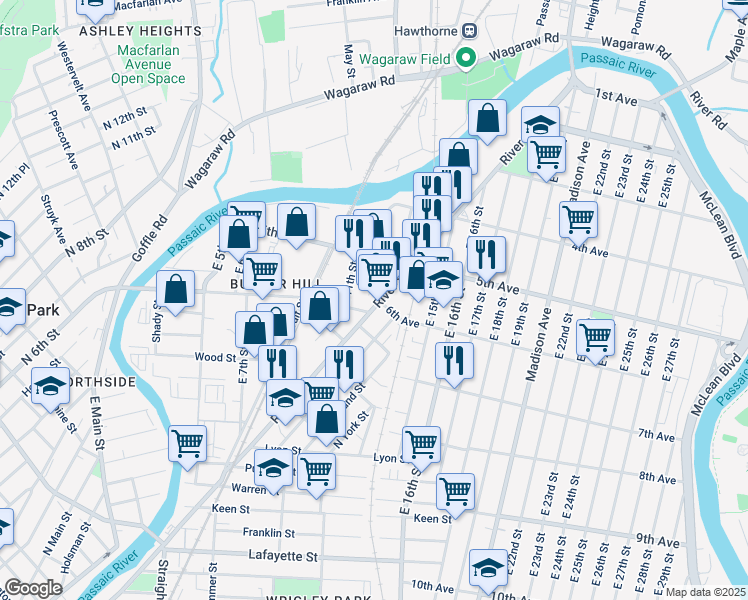 map of restaurants, bars, coffee shops, grocery stores, and more near 199 6th Avenue in Paterson