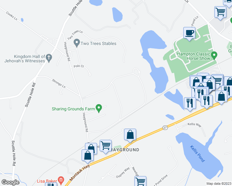 map of restaurants, bars, coffee shops, grocery stores, and more near 221 Hayground Road in Water Mill