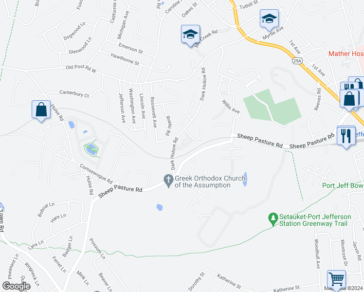 map of restaurants, bars, coffee shops, grocery stores, and more near 64 Pinnacle Drive in Port Jefferson