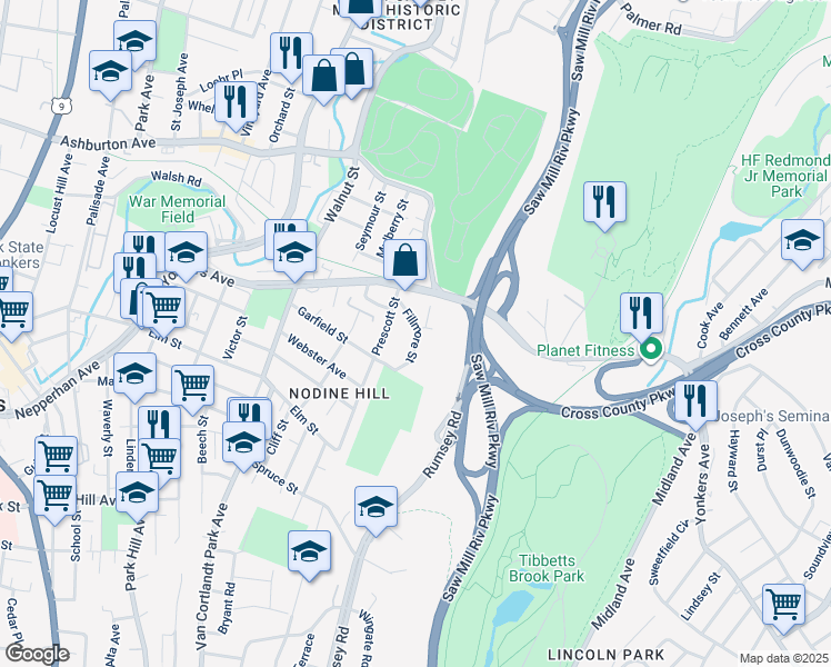map of restaurants, bars, coffee shops, grocery stores, and more near 177 Fillmore Street in Yonkers