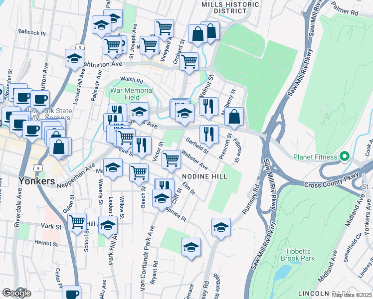 map of restaurants, bars, coffee shops, grocery stores, and more near 129 Webster Avenue in Yonkers