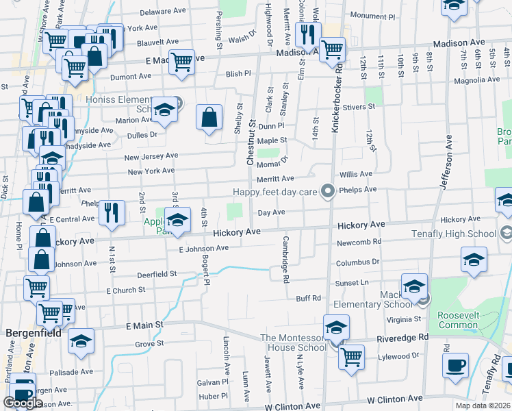 map of restaurants, bars, coffee shops, grocery stores, and more near 38 Day Avenue in Bergenfield