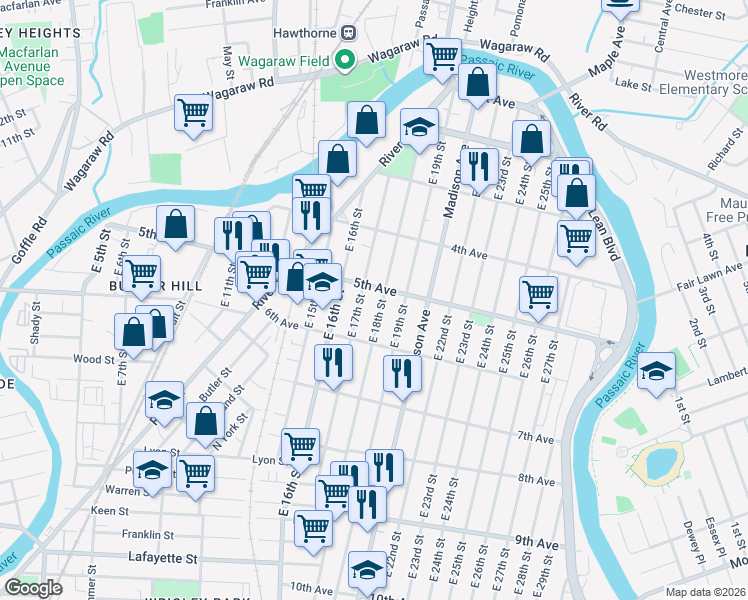 map of restaurants, bars, coffee shops, grocery stores, and more near 191 East 18th Street in Paterson