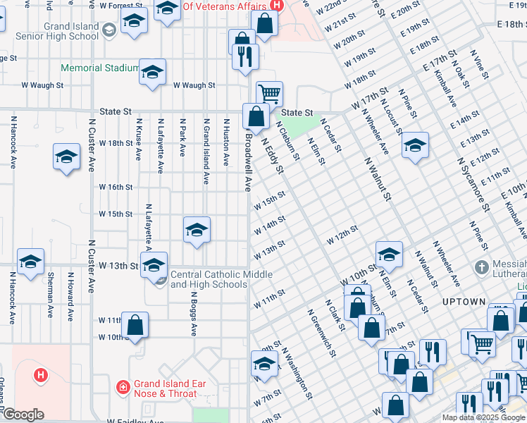 map of restaurants, bars, coffee shops, grocery stores, and more near 1403 North Greenwich Street in Grand Island