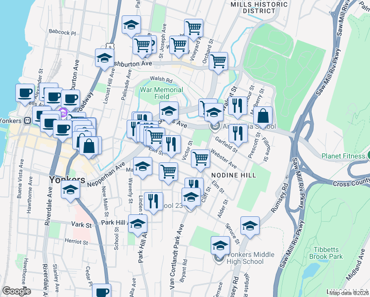 map of restaurants, bars, coffee shops, grocery stores, and more near 39 Victor Street in Yonkers