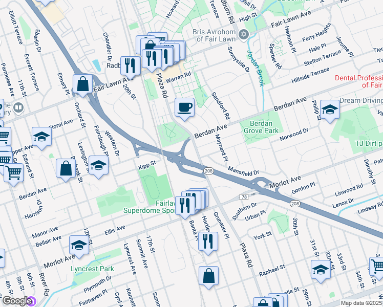map of restaurants, bars, coffee shops, grocery stores, and more near 10 Plaza Road in Fair Lawn