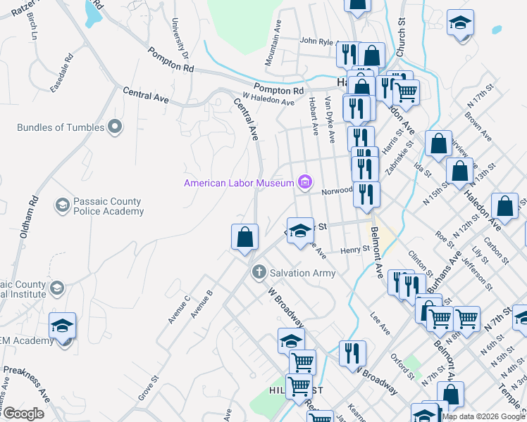 map of restaurants, bars, coffee shops, grocery stores, and more near 244 Central Avenue in Haledon