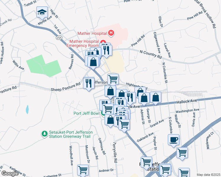 map of restaurants, bars, coffee shops, grocery stores, and more near 203 Patchogue Road in Port Jefferson Station