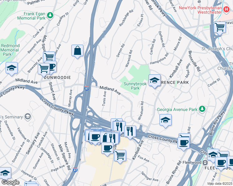 map of restaurants, bars, coffee shops, grocery stores, and more near 1102 Midland Avenue in Bronxville