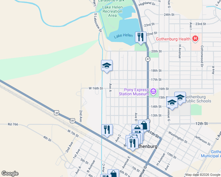 map of restaurants, bars, coffee shops, grocery stores, and more near 1599 Ave A in Gothenburg