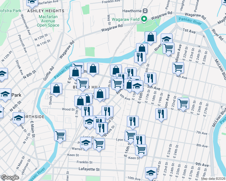 map of restaurants, bars, coffee shops, grocery stores, and more near 199 6th Avenue in Paterson