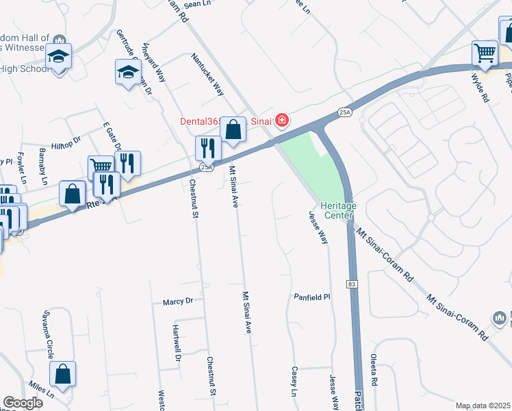 map of restaurants, bars, coffee shops, grocery stores, and more near 27 Mount Sinai Avenue in Mount Sinai
