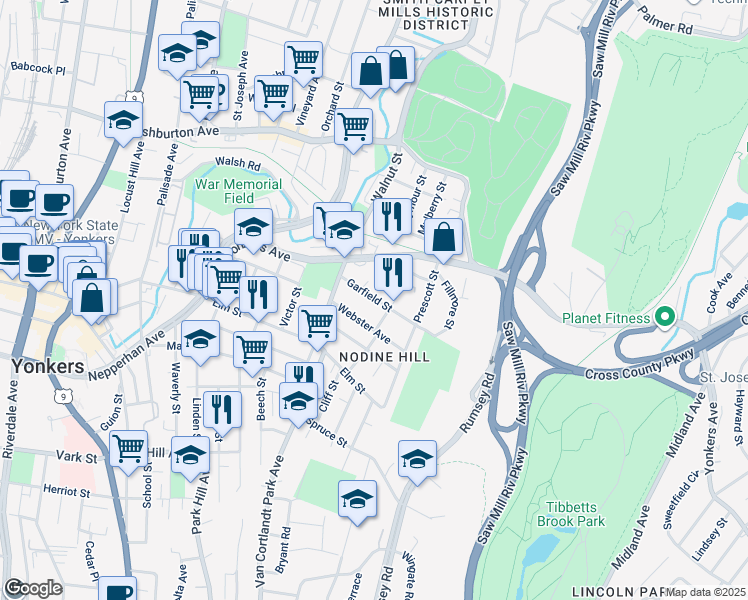 map of restaurants, bars, coffee shops, grocery stores, and more near 129 Webster Avenue in Yonkers