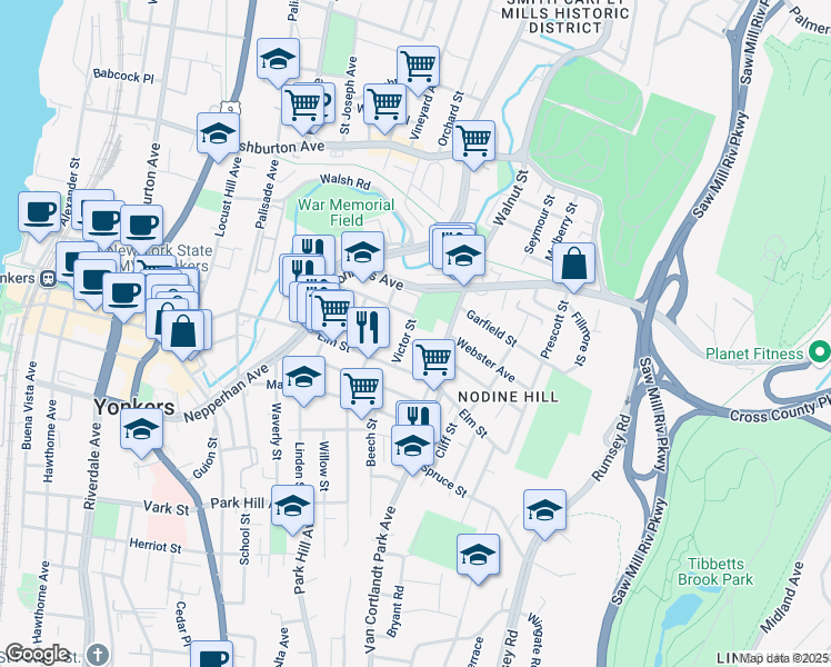 map of restaurants, bars, coffee shops, grocery stores, and more near 50 Victor Street in Yonkers