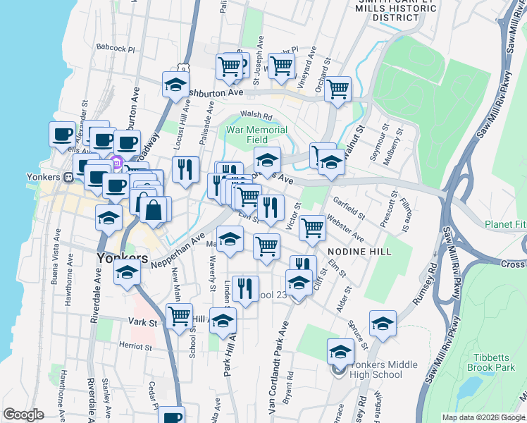 map of restaurants, bars, coffee shops, grocery stores, and more near 163 Elm Street in Yonkers