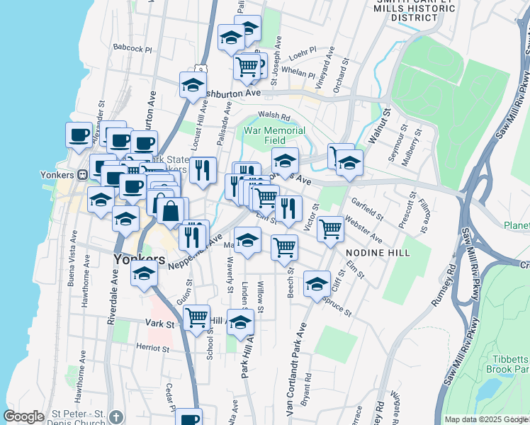 map of restaurants, bars, coffee shops, grocery stores, and more near 70 Linden Street in Yonkers