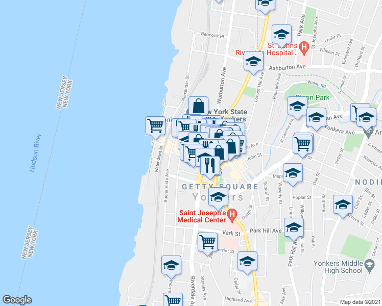 map of restaurants, bars, coffee shops, grocery stores, and more near 15 Riverdale Avenue in Yonkers