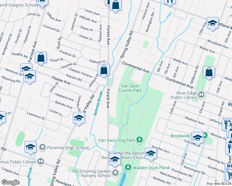 map of restaurants, bars, coffee shops, grocery stores, and more near 256 University Way in Paramus