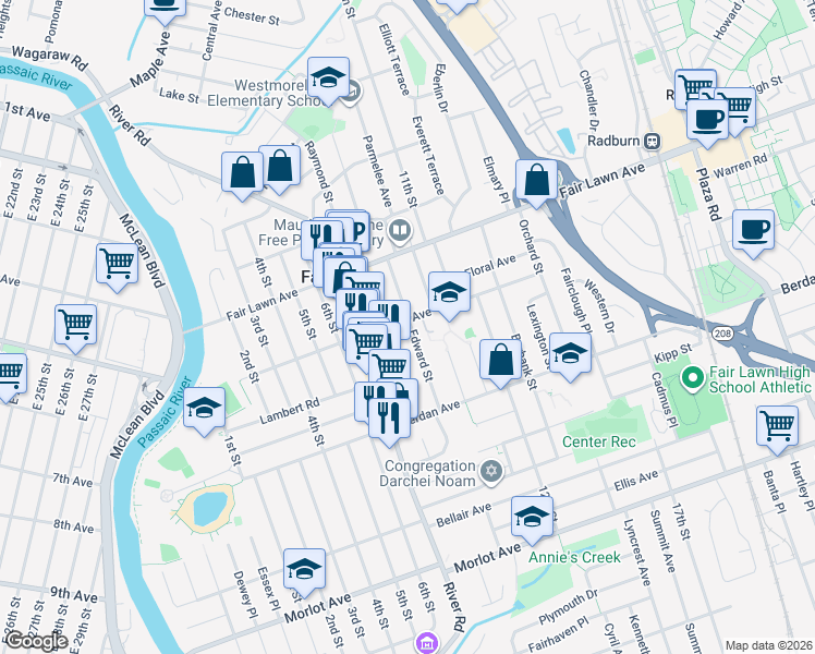 map of restaurants, bars, coffee shops, grocery stores, and more near 12-63 George Street in Fair Lawn